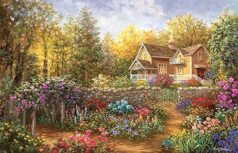 Cottage Garden in Full Bloom, architecture, cottages, houses, love four seasons, home, spring, attractions in dreams, painting, summer, flowers, garden, HD wallpaper