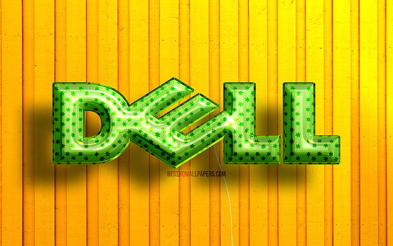Dell 3D logo green realistic balloons, yellow wooden backgrounds, brands, Dell logo, Dell, HD wallpaper