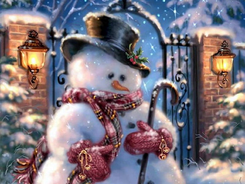 ★Christmas Snowman★, pretty, Christmas, lovely, white trees, colors, love four seasons, snowman, xmas and new year, winter, cute, paintings, snow, winter holidays, HD wallpaper