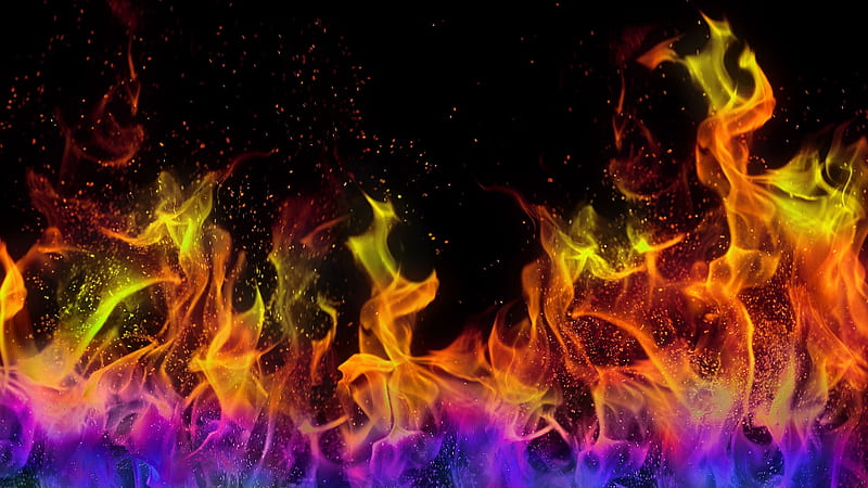 multicolor flames, mostly orange, lots of sparks, hot , blue orange yellow, HD wallpaper