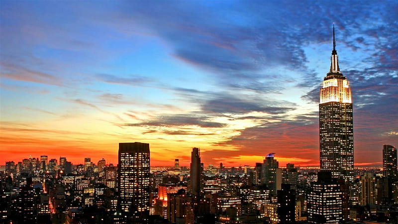 Sunset over New York City, architecture, buildingds, sunsets, cityscape, HD wallpaper