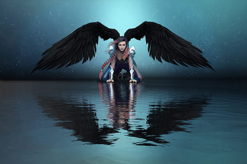 Girl Angel Big Wings Water Reflection , angel, wings, reflection, artist, artwork, digital-art, fantasy-girls, HD wallpaper