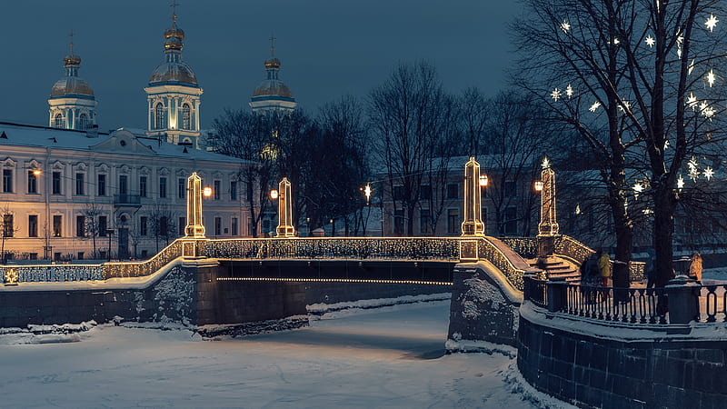 Bridge Night River Russia Saint Petersburg Snow Winter Travel, HD wallpaper
