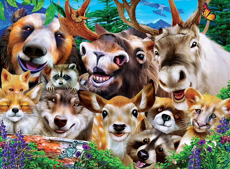 Selfie, wolf, funny, deer, animal, wood, forest, bear, raccoon, fantasy ...