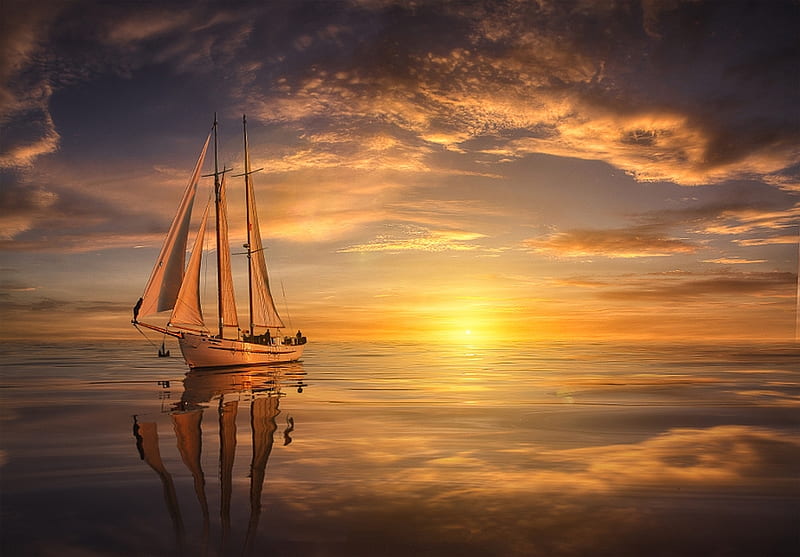 Sunset, sun, ocean, sunlight, sky, clouds, sea, tranquil, boat, water ...