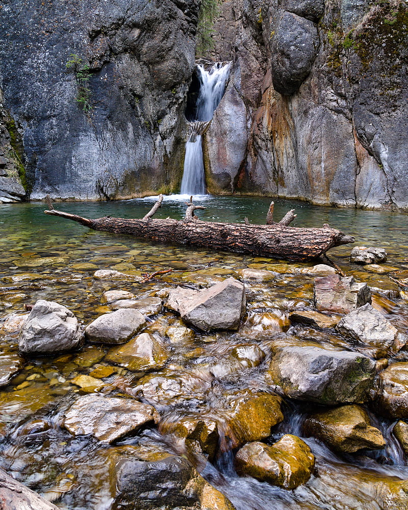 waterfall, rocks, stones, log, water, HD phone wallpaper