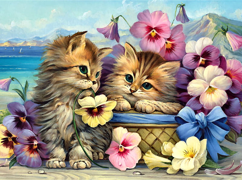 Friends Forever - Kittens FC, art, bonito, pets, illustration, artwork, animal, feline, painting, pansies, wide screen, cats, HD wallpaper