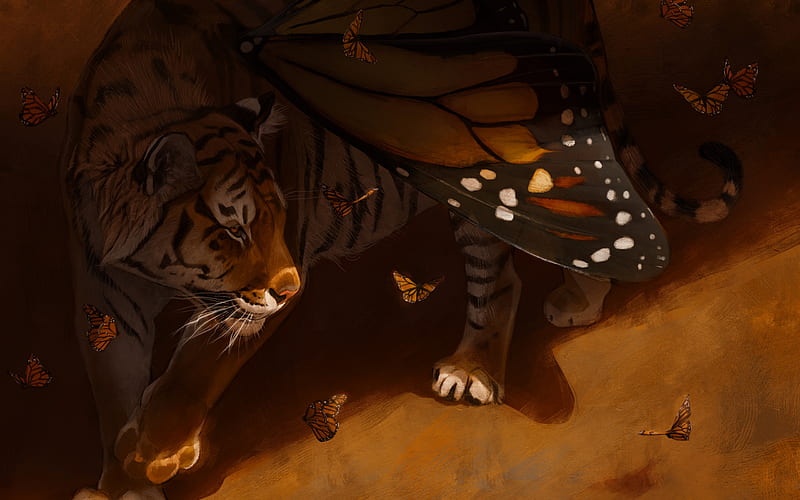Butterfly tiger, wings, luminos, butterfly, brown, tiger, pixxus, creature, art, fantasy, tigru, HD wallpaper