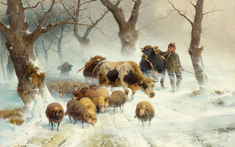 Returning herd, sheep, art, cow, ernst adolph meissner, painting, winter, iarna, HD wallpaper