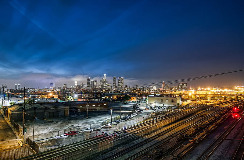 A Night In Los Angeles, carros, railway, city lights, cityscape, buildings, urban, night, HD wallpaper
