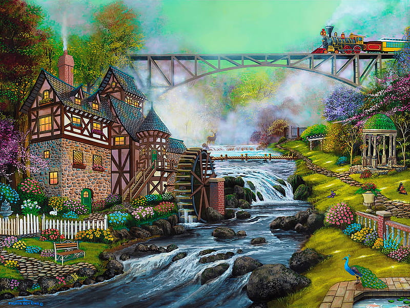 Cobblestone mill overpass, mill, bridge, train, creek, river, spring, art, house, bonito, countryside, water, HD wallpaper