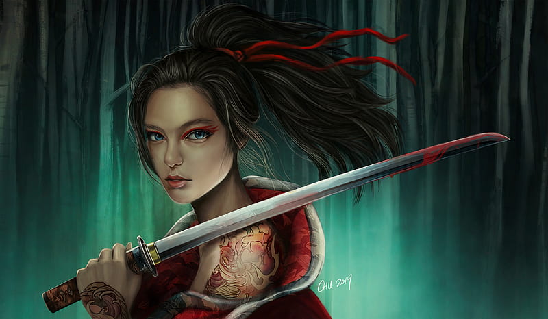 Warrior Girl With Sword , artist, digital-art, behance, warrior, tattoo, HD wallpaper