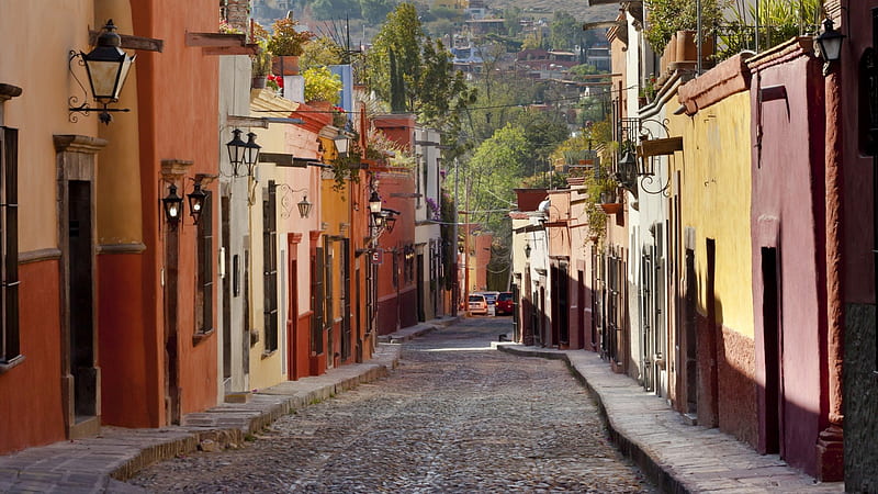 narrow street in mexico, stones, mountains, town, street, narrow, HD wallpaper