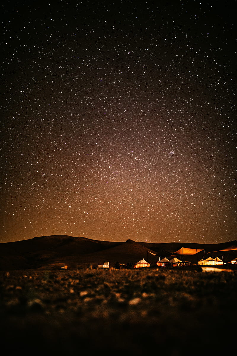 starry sky, night, buildings, hills, dark, HD phone wallpaper