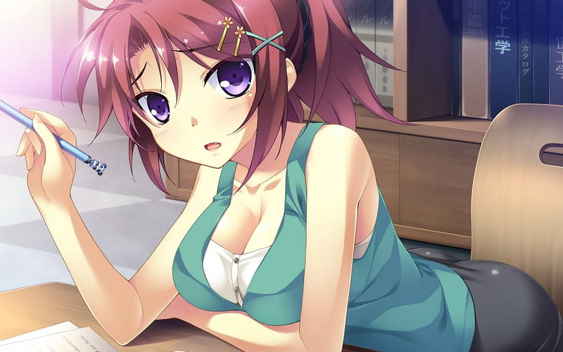 Do you know the answer for this question?, pretty, Mouri Sakura, agme cg, blush, game, book, bonito, lights, sweet, nice, Shooting Probe, anime, beauty, anime girl, room, purple eyes, long hair, game cg, female, skirt, red hair, sexy, cute, cool, awesome, Ryuusei Kiseki, pony tail, HD wallpaper