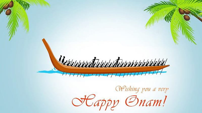 Happy Onam Palm Trees Boat With People Onam, HD wallpaper