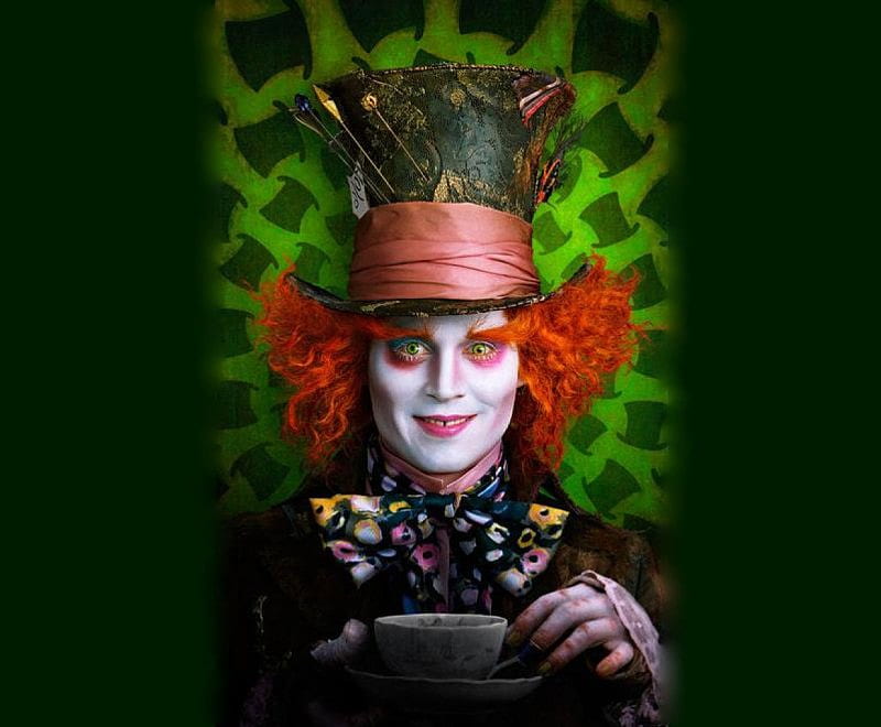 Johnny Depp - The Mad Hatter, hair, green, orange, man, fairytale, make-up, teacup, hat, HD wallpaper