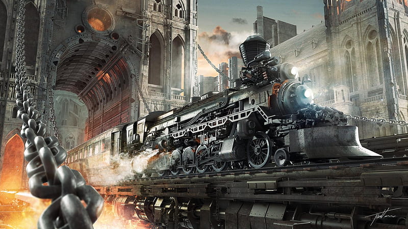High Line Express, steam, locomotive, engine, fantasy, Express, chains, HD wallpaper