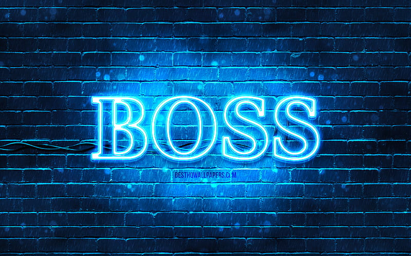 Hugo Boss blue logo, , blue brickwall, Hugo Boss logo, fashion brands, Hugo Boss neon logo, Hugo Boss, HD wallpaper
