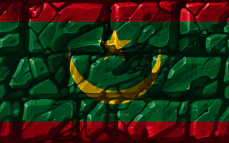Mauritanian flag, brickwall African countries, national symbols, Flag of Mauritania, creative, Mauritania, Africa, Mauritania 3D flag, HD wallpaper