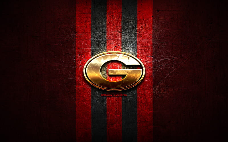 Georgia Bulldogs, golden logo, NCAA, red metal background, american football club, Georgia Bulldogs logo, american football, USA, HD wallpaper