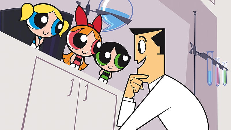 The Powerpuff Girls Blossom Bubbles and Buttercup On Top Of Cupboard With Professor Utonium Anime, HD wallpaper