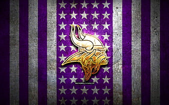 Minnesota Vikings flag, NFL, violet white metal background, american football team, Minnesota Vikings logo, USA, american football, golden logo, Minnesota Vikings, HD wallpaper