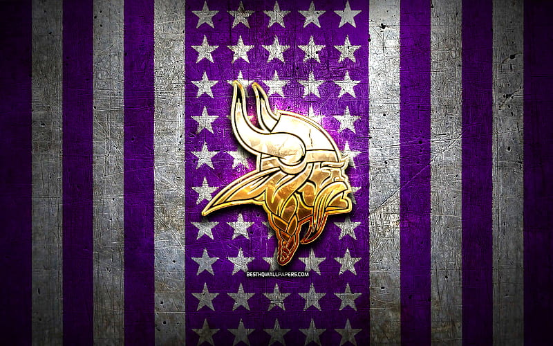 Minnesota Vikings flag, NFL, violet white metal background, american football team, Minnesota Vikings logo, USA, american football, golden logo, Minnesota Vikings, HD wallpaper