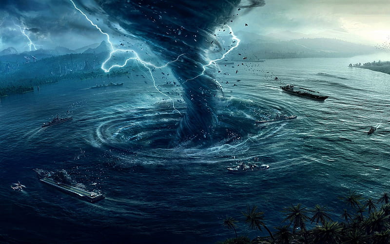 storm, hurricane, whirlwind, vortex, funnel, ships, lightnings, HD wallpaper