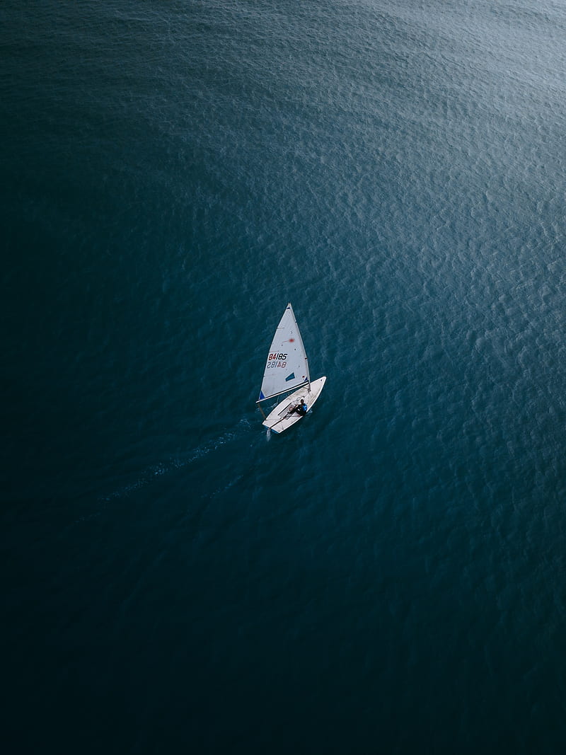 boat, water, aerial view, alone, sea, HD phone wallpaper