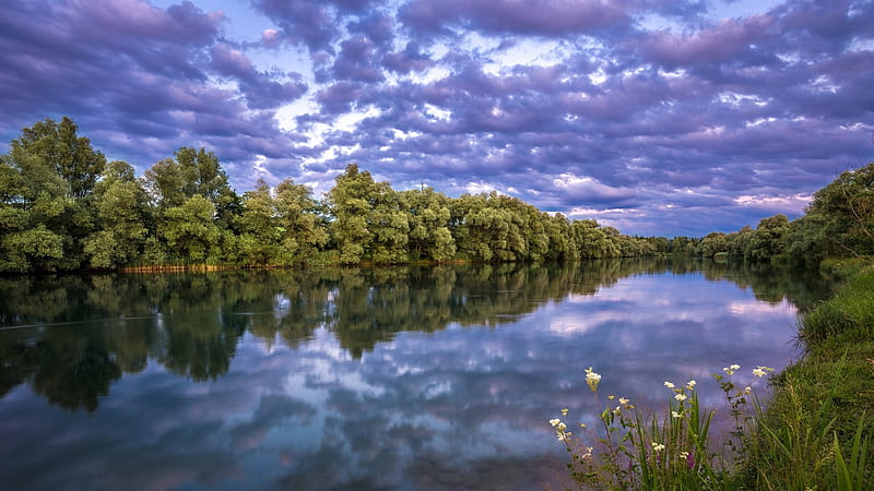 river, dusk, clouds, trees, scenery, Nature, HD wallpaper