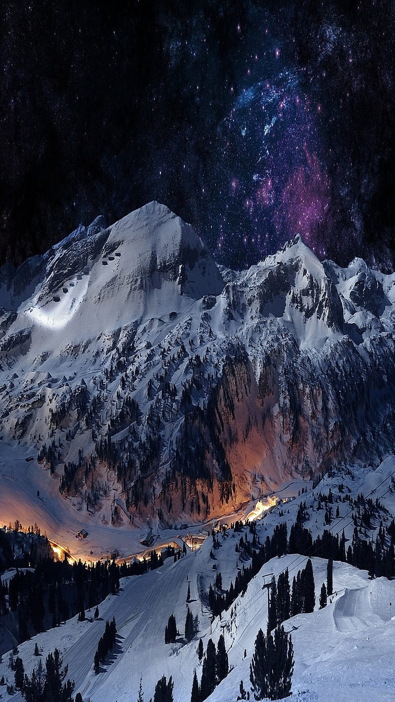 Dark Sky, mountain, snow, stars, trees, HD phone wallpaper | Peakpx