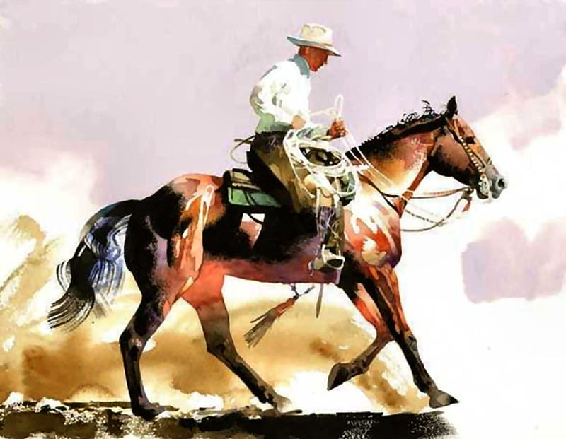 Into the Spade Bit - Horse, art, equine, bonito, horse, riding, artwork, animal, painting, wide screen, spade bit, cowboy, horseback, HD wallpaper