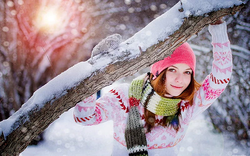 Winter Women 3, Coat, Trees, Pink, Women, White, Snow, Hat, Winter, HD wallpaper