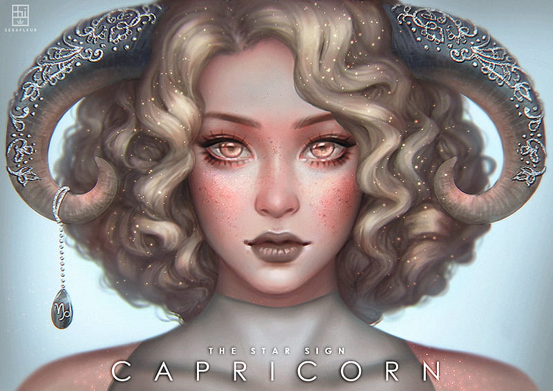 Zodiac ~ Capricorn, art, luminos, zodiac, capricorn, horns, fantasy, girl, serafleur, face, HD wallpaper