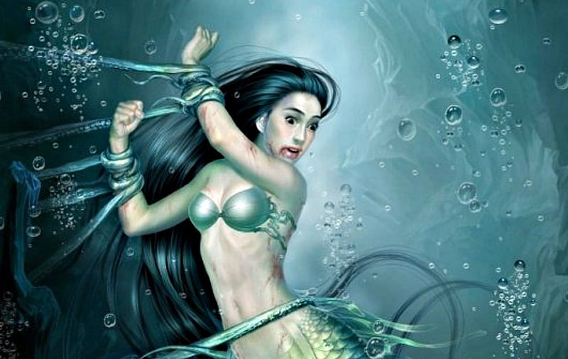 Mermaid, fear, underwater, ocean, tang yuehui, chained, woman, sea, brunette, fantasy, girl, green, bubbles, asian, HD wallpaper