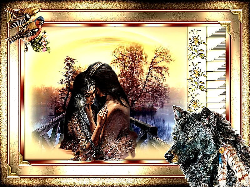 LOVE, gold, indian, frame, 2012, flowers, nature, wolf, HD wallpaper