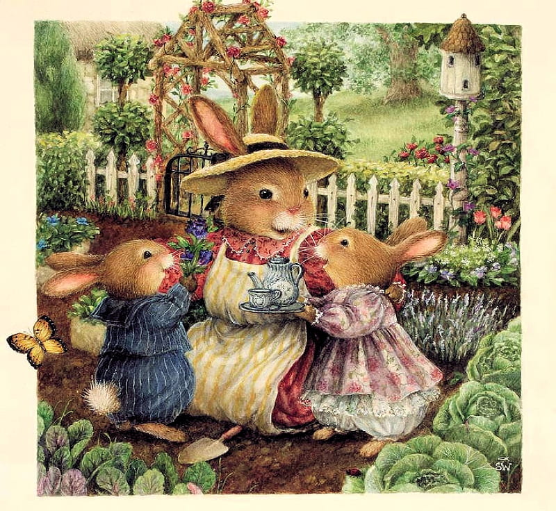 Joyful Easter, family, flowers, garden, child, bunnies, mother, HD wallpaper
