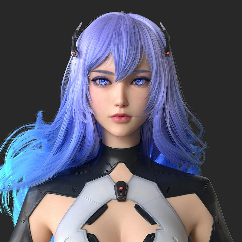 Huifeng Huan, CGI, Beatless, Lacia, Type-005 Lacia , women, blue hair, long hair, blue eyes, portrait, looking at viewer, hair accessories, simple background, androids, HD phone wallpaper