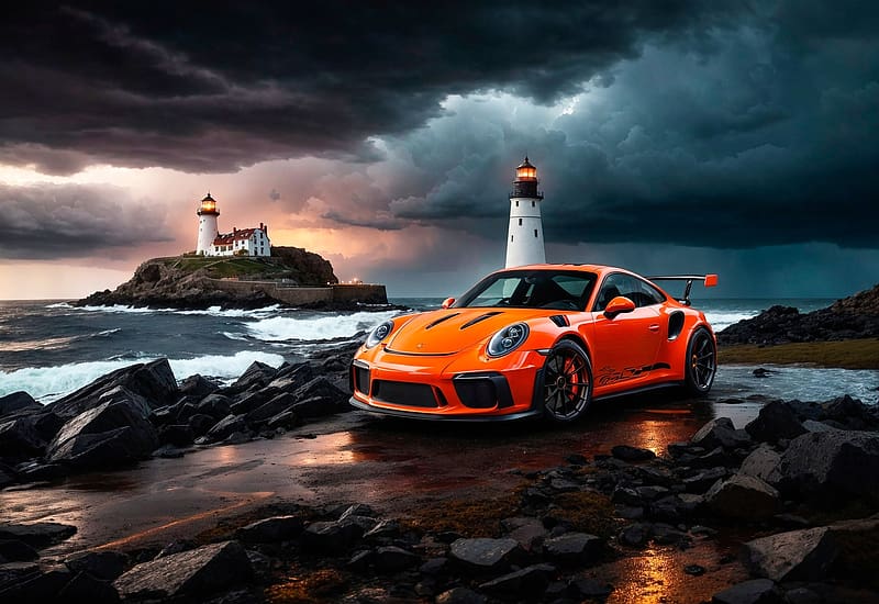 Porsche 911 GT3, porche, car, porsche 911, porsche, orange, gt3, sea, neuroset, lighthouse, storm, cloud, HD wallpaper
