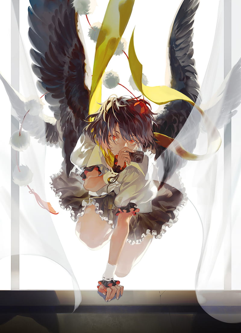 anime, anime girls, wings, fantasy girl, red eyes, HD phone wallpaper