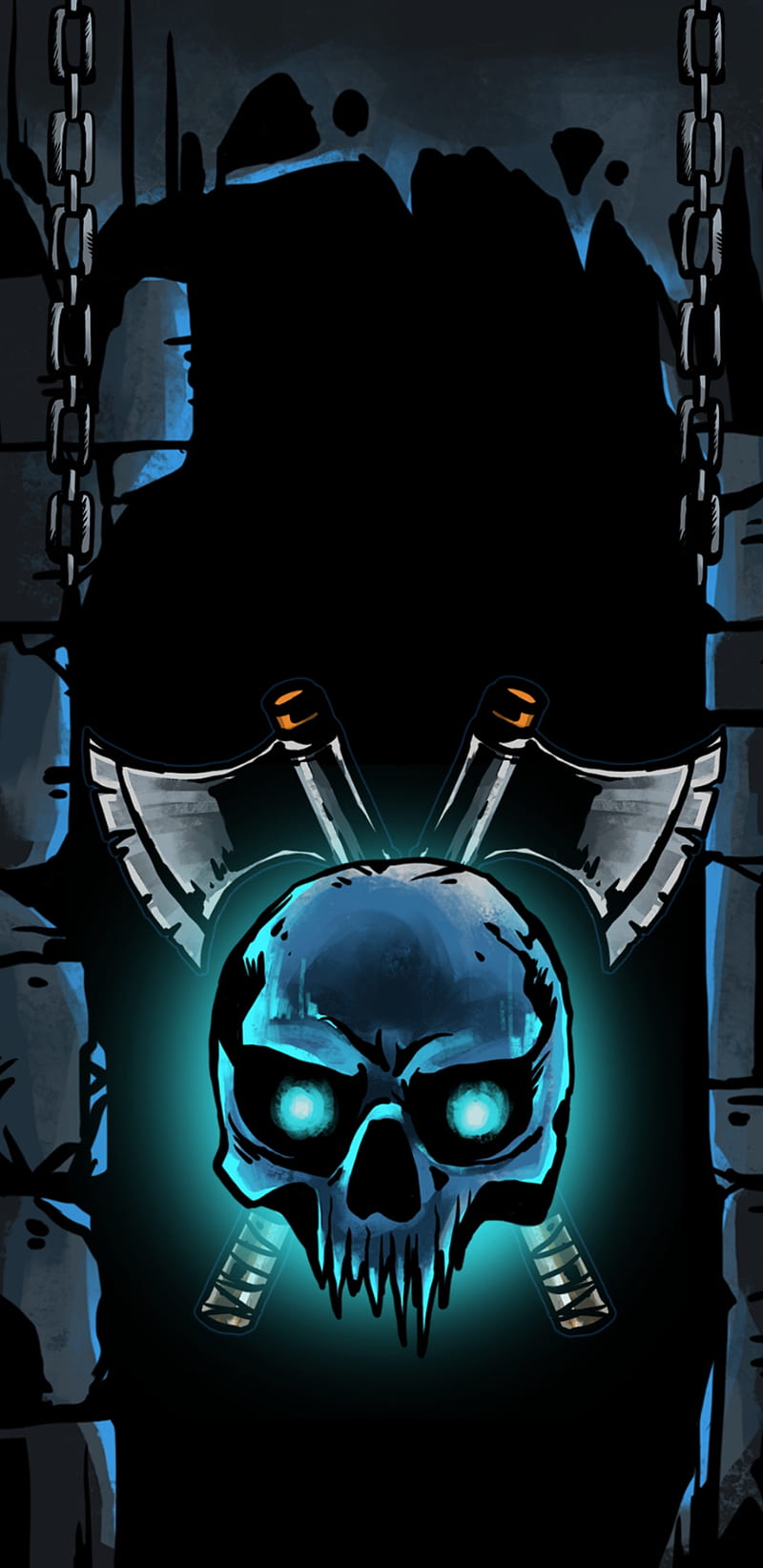 GlowingAxedSkull, axe, chains, dark, glow, neon, skull, HD phone wallpaper