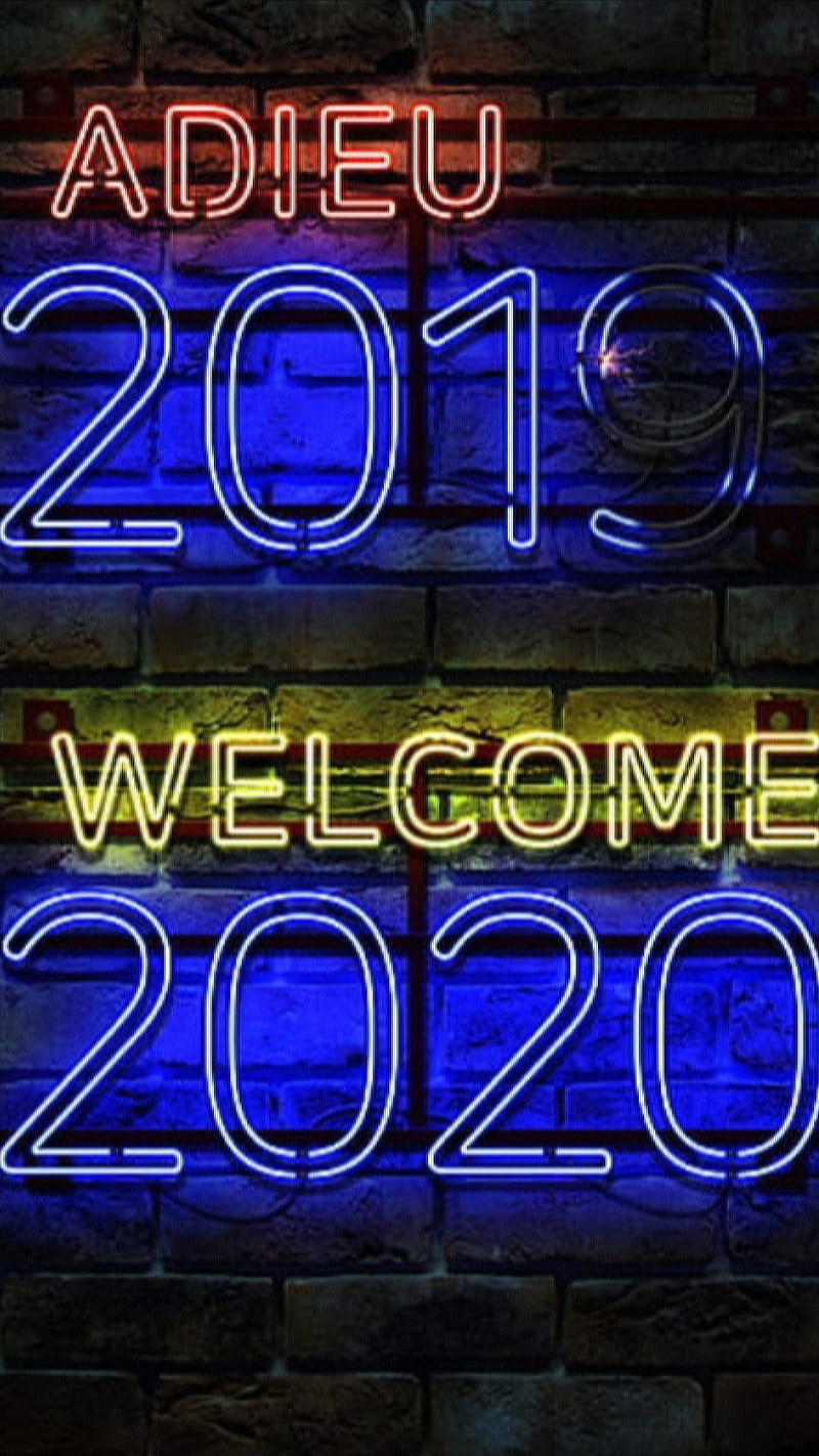 ADIEU 2019, 2020, blue, brick wall, happy, neon, new year, yellow, HD phone wallpaper