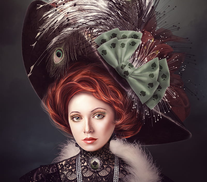 Queen of spades, art, imagase, luminos, redhead, bow, hat, fantasy, girl, green, er, peacock feather, face, HD wallpaper