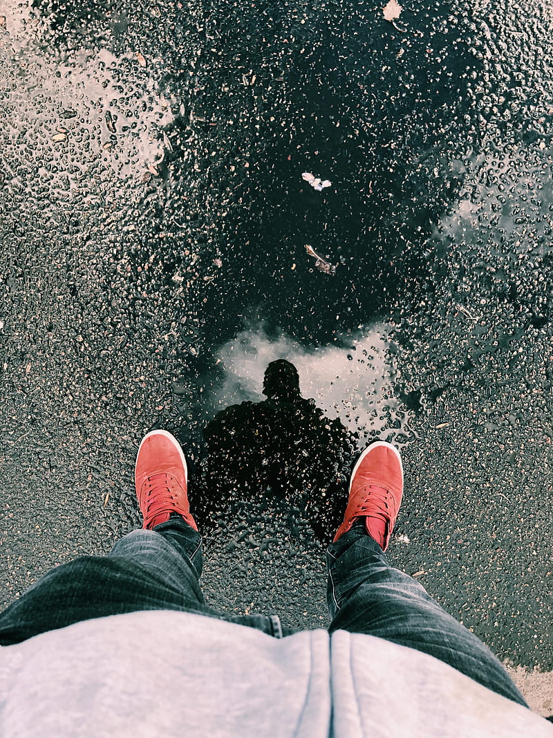 legs, sneakers, reflection, asphalt, HD phone wallpaper