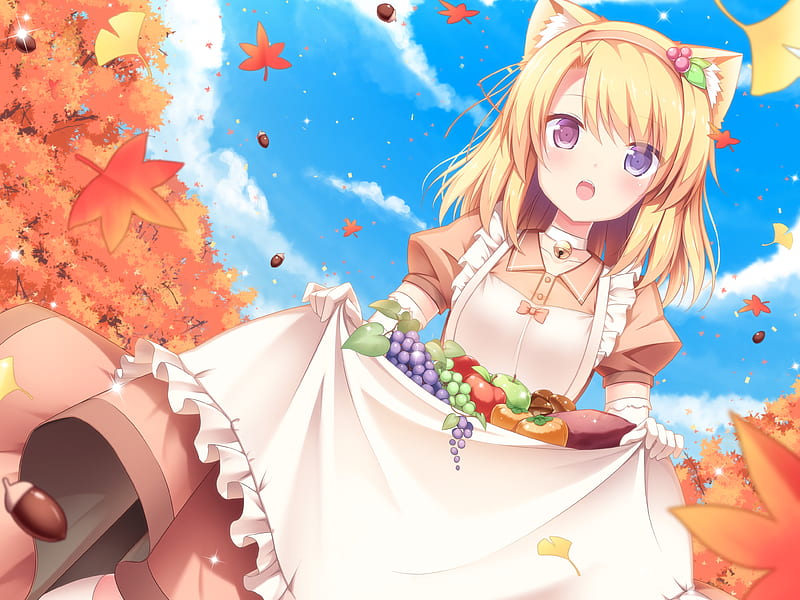 anime girl, loli, maid outfit, animal ears, blonde, autumn, leaves, Anime, HD wallpaper