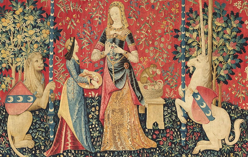 The lady and the unicorn, red, meister der pokalypsenrose der sainte chapelle, fantasy, girl, unicorn, lady, lion, maiden, garden, HD wallpaper