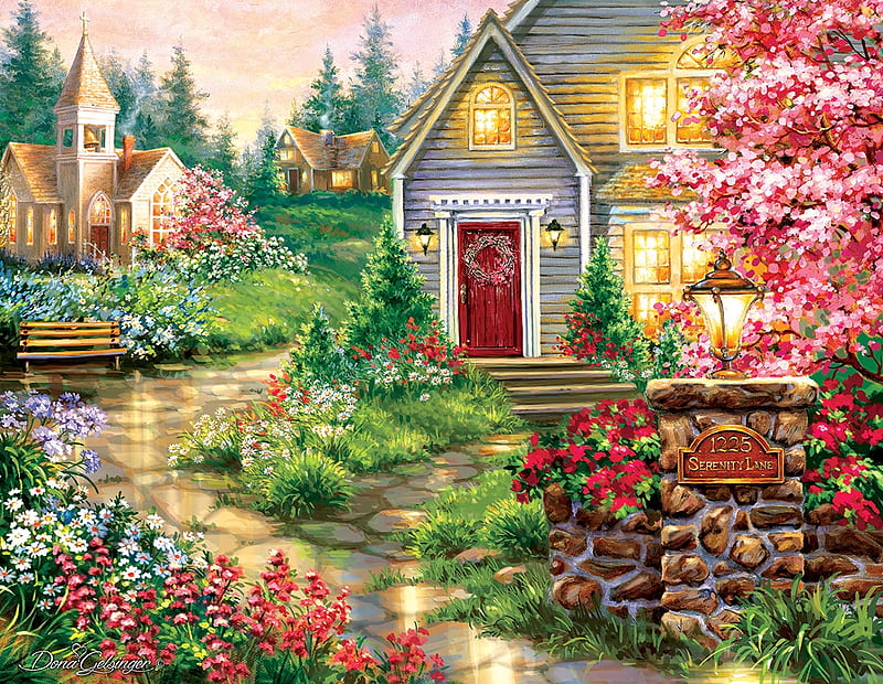 Serenity Lane, red, home, flowers, lane, puzzle, church, door, HD wallpaper