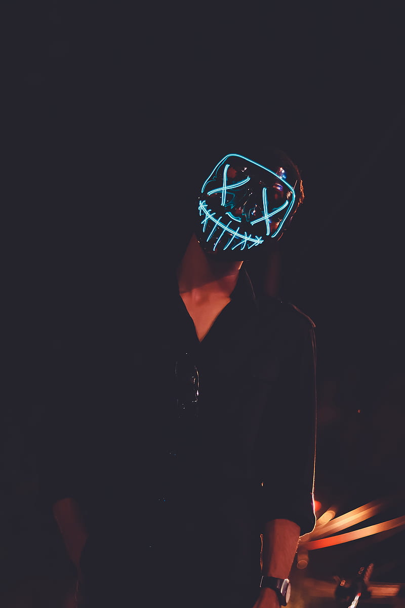 mask, neon, glow, dark, silhouette, HD mobile wallpaper