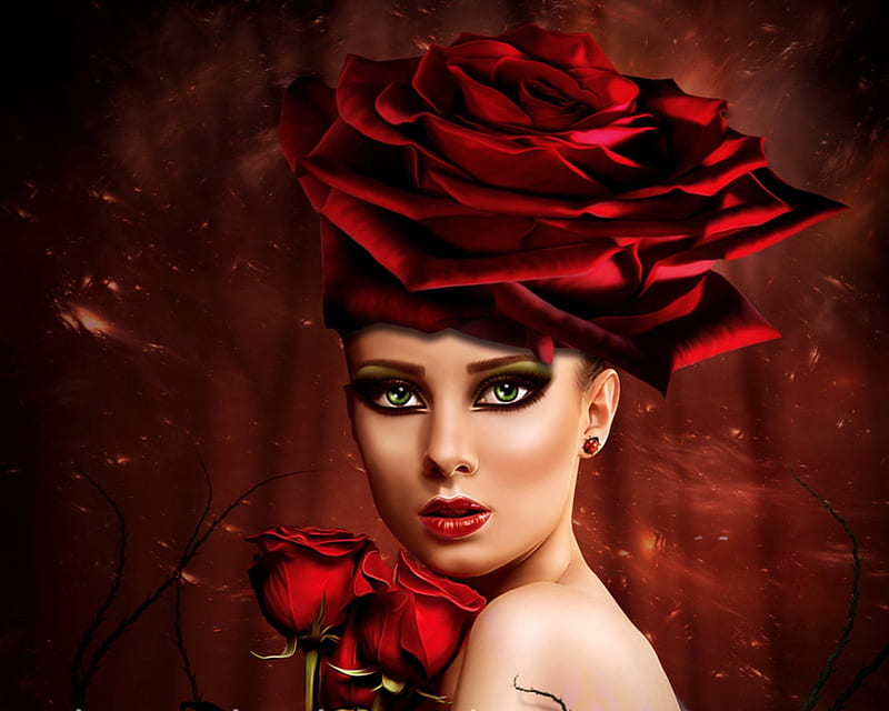 ✫Scent of Red Rose Angel✫, red roses, pretty, colorful, charm, bonito, digital art, women, hair, fantasy, splendor, manipulation, people, flowers, girls, gorgeous, female, models, lovely, colors, roses, lips, ladybug, weird things people wear, backgrounds, eyes, HD wallpaper